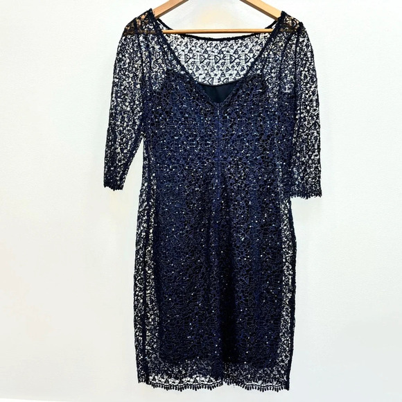Kay Unger Sequin Lace Sheath Dress Long Sleeve Cocktail  Evening Navy Blue 6 - Picture 14 of 14